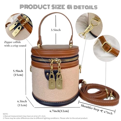 Image of Retro Bucket Bag Color Contrast Cylinder Purse | Senior Sense Style, Single Shoulder Crossbody, Zipper Closure, 4.7x6