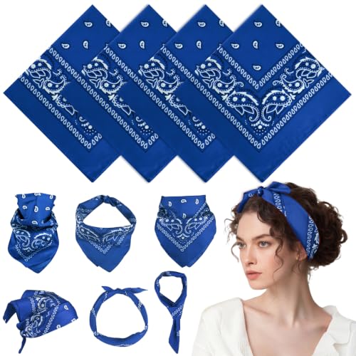 PLULON 4 Pack Blue Bandanas for Men Women Paisley Pattern Bandana Bulk Headbands Men Handkerchief Cowboy Face Mask Square Scarf Headwear 100% Polyester