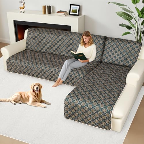 ALIECOM Sectional Couch Covers 100% Waterproof L Shape Sofa Cover Washable 2 Piece Printed Sectional Slipcovers with Chaise Pet Friendly Furniture Protector for Dogs (X-Large, Floral Beige & Navy) — view 2