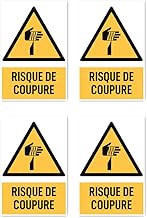 Stickers 150 x 100 mm, set of 4, risk of cutting, warning sign with text (yellow/black), portrait, DIN EN ISO 7010 / ASR A1.3