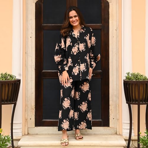 Image of Sidhidata Women's Rayon Blend Floral Printed Shirt Pant Set Co-Ords Set|Coordinate Set|Summer Suit|Printed Shirt with Pant Set (CS Rose)