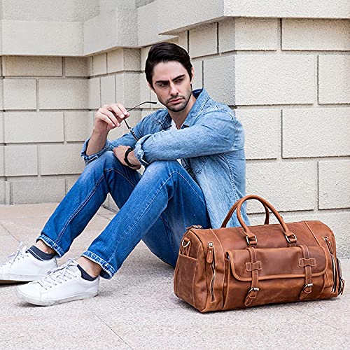 Travel Bag with Shoe Pocket 20 inch Big Capacity Real Leather Weekend Bag Large Messenger Bag (Color : Brown Size : 52x25cm)3