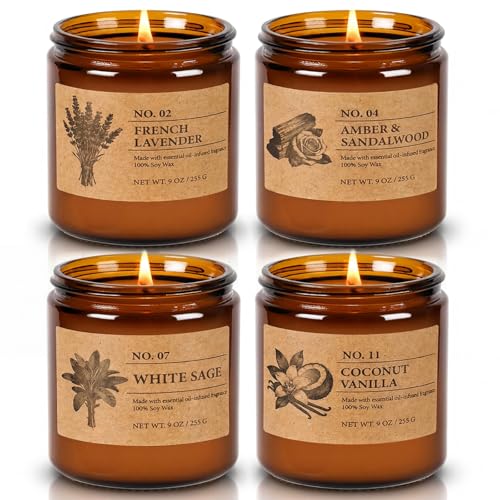 Soy Candles Set of 4, 9oz Natural Soy Wax Aromatherapy Candles, Home Scented Candles with 4 Scents (Lavender, Amber Sandalwood, White Sage, Coconut Vanilla), Gifts for Mom, Women, Relaxation, Yoga
