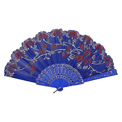 YWLINK Abanicos,Abanico De La Mano del CordóN del Banquete De Boda De Seda Plegable Mano Ventilador De La Flor Abanico Decorativo Fan del Baile Carnaval Regalo De Rendimiento(Azul)