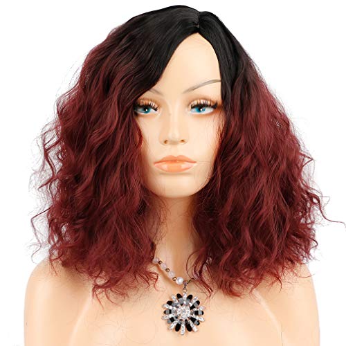 Ombre Burgundy Short Bob Wavy Wig Side Part Synthetic Short Curly Wig Black to Dark Red Heat Resistant Wig for Women Daily Party Wigs 14 inches Wine Red