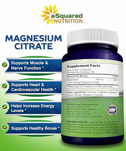 aSquared Nutrition Magnesium Citrate 833mg Supplement - 200 Capsules - Max Strength Vegan Mag Citrate Powder Pills to Support Pure Function of Muscles, Heart & Bones - Helps Increase Energy