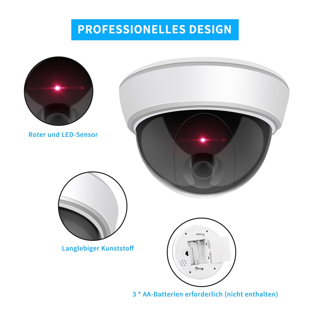 ERWEY Set di 2 finte telecamere di sicurezza con obiettivo, video sorveglianza per messa in sicurezza delle merci, telecamera falsa con luce LED rossa per parete e soffitto