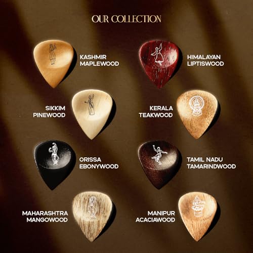 Image of Kadence APICKS Jamming Series Indian Heritage Guitar Picks | Handcrafted from 8 Exquisite Regional Hardwoods | 2.8mm with Engraved Motifs & Molded Grip | Includes Bespoke Presentation Box | Multicolor