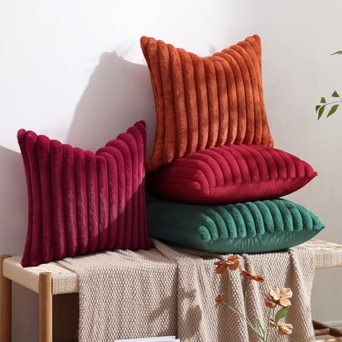 Image of decorUhome Fall Faux Fur Throw Pillow Covers 18x18 Set of 2 Burgundy