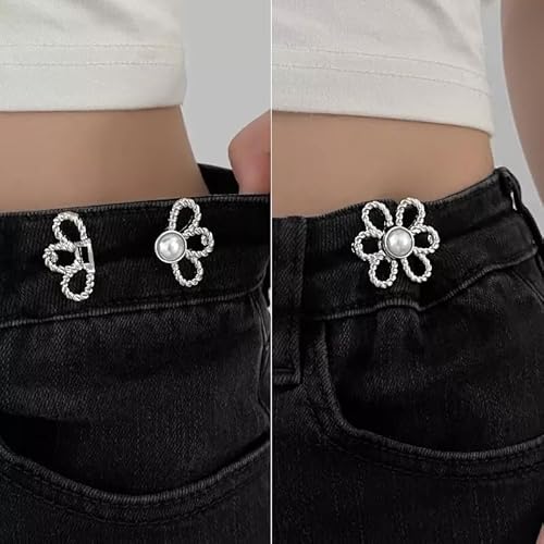Image of LUVINA Pant Waist Tightener, Adjustable Jeans Buttons for Women, Instant Jeans Button Pins for Pants Jeans Skirts - Pant Waist Tightener 2 pcs (Silver Color)