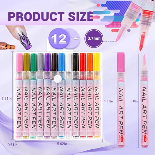 Image of 12 Color Nail Art Pens, 0.7 MM Nail Polish Pens Set Drawing Painting Point Liner Acrylic Painted Pen Kit, Waterproof and Quick-drying Nail for DIY Nails Art Design Manicure Tools
