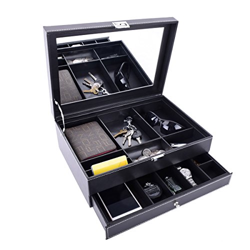 Autoark Leather Dresser Valet Jewelry Watch Organizer,Desktop Organizer for Keys,Coins,Wallet,Smartphone,Watches,Sunglasses and Accessories,Metal Buckle & Large Mirror,Big-Capacity,Black,AW-127