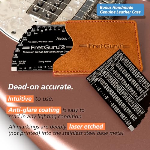 Image of FretGuru METRIC+ 8-in-1 String Action Gauge Guitar Fret Ruler Precision Fret Rocker - Precise CNC Machined, Diamond Honed, Polished Edge Guitar String Height Gauge - Luthier Tool with Leather Case