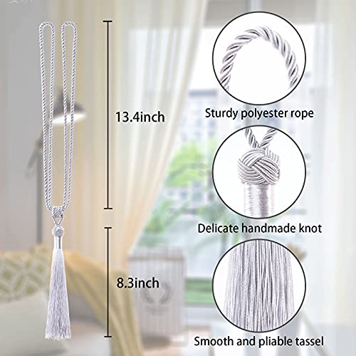 Pretty Jolly 2 Pack Long Tassel Curtain Tiebacks Handmade Braided Rope Knot Drape Tie Backs European Style Decorative Curtain Holdbacks for Home & Office Window Drapery (Silver Grey)