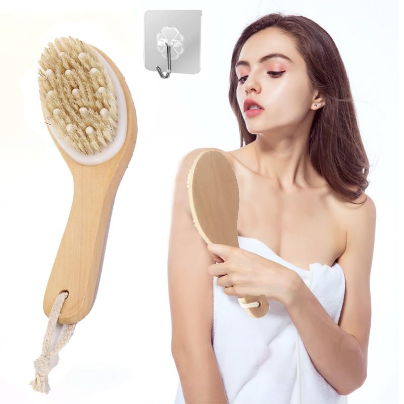 Dry Brushing Body Brush, Natural Bristle Body Scrubber, Lymphatic Drainage Massager with Natural Exfoliating Bristles and Massage Nodes,Pertain Lymphatic Drainage?Promote Blood Circulation