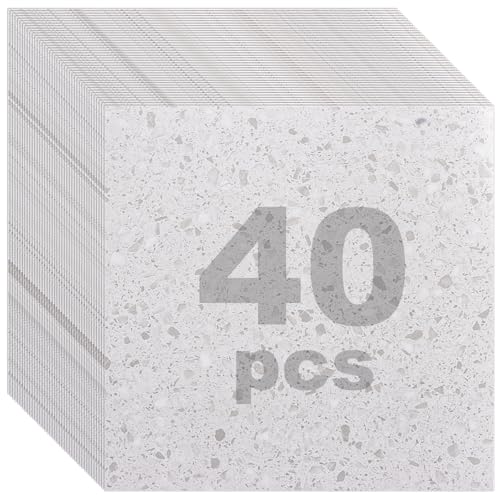 DAJAVE Lot de 40 revêtements de sol en PVC aspect béton - 30 cm x 30 cm - En vinyle autocollant - Aspect béton - Blanc - Carreaux adhésifs - Sol en vinyle...