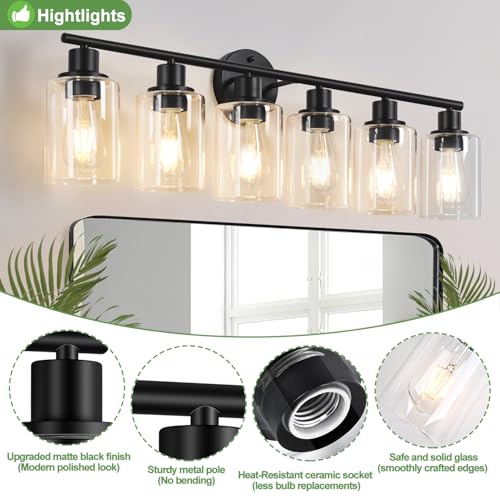 6-Light Bathroom Light Fixtures, Black Modern Vanity Lights with Clear Glass Shade, Bathroom Wall Lamp for Mirror Kitchen Living Room Hallway Cabinet Porch