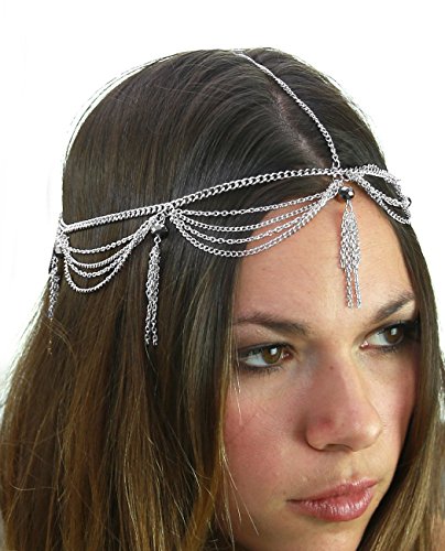 NYFASHION101 Women's Bohemian Fashion Head Chain Jewelry - 4 Draping Chain Strand Faceted Bead Charm, Silver-Tone