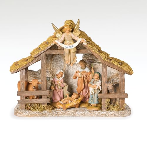 Fontanini by Roman 5 Scale Nativity Set 7-Piece Holy Family Scene with Shepherd and Animals Resin Stable with Angel Classic Christmas Decoration