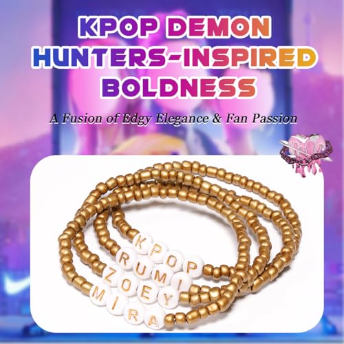 AICase for Kpop Demon Hunters Golden Merch Rumi Zoey Mira Inspired Bracelets for Saja 4 Pcs Stackable Stretch Friendship Beaded Bracelets for Huntrix k pop Merchandise Jewelry Gifts for Fans2