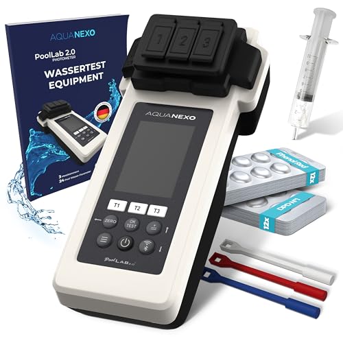 AQUANEXO Poollab 2.0 inkl. 240 Testtabletten Chlor und pH-Wert (120x DPD 1 + 120x Phenol Red Tabletten) Pooltester Pool Lab 2.0 Wassertester für Pools Planschbecken Whirlpool (ohne Case)