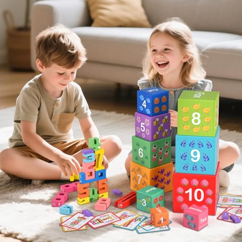 Image of Wooden Number Building Blocks & Stacking Toys for Toddlers 3+ Years Old, Digital Building Blocks, 1-10 Digital Blocks Toys, Balance Competition Toy, Educational Gift for Kids Boys and Girls