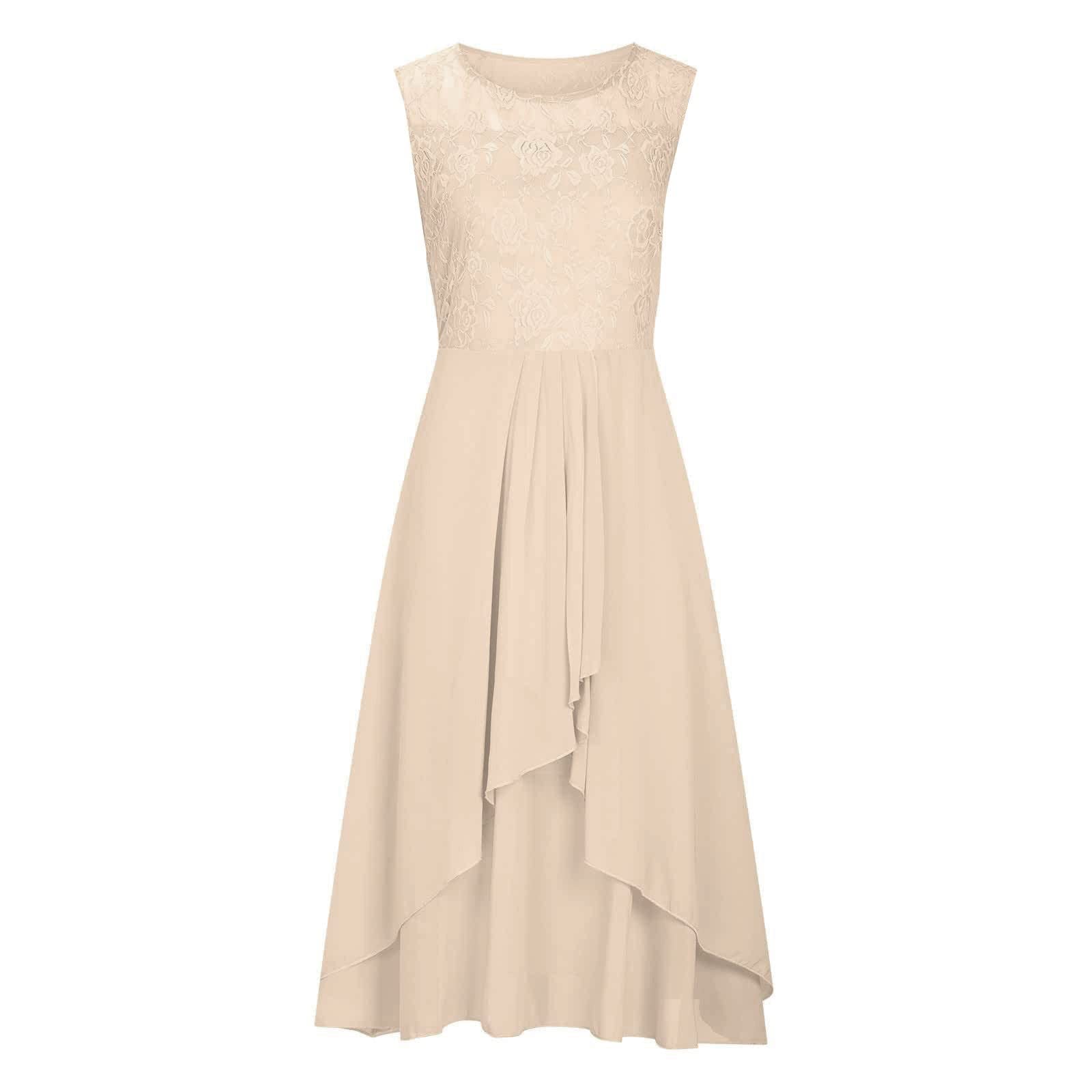 Robe Cocktail Femme Robe de Soirée en Mousseline de Soie Et Dentelle Patchwork Manches Courtes Col Rond Longue Robe de Demoiselle d'honneur