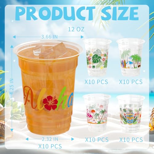 YQUQWN 50 PCS Luau Cups 12 OZ Disposable Plastic Tiki Tropical Party Cups for Hawaiian Themed Party Decorations, Pool Flamingo Birthday Summer Birthday Hawaiian Party Drinkware Decor Supplies