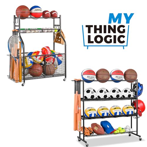 Mythinglogic Sports Equipment Garage Organizer,Garage Ball Storage for Sports Gear and Toys, Rolling Ball Cart with Wheels for Indoor/Outdoor Use