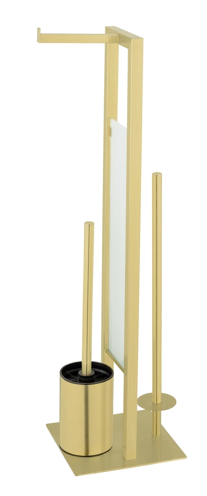 Stand Rivalta Gold - Escobillero de inodoro de pie 3 en 1 para papel higiénico, ruedas de repuesto y escobilla de inodoro, acero inoxidable, 18 x 70 x 23 cm, color dorado
