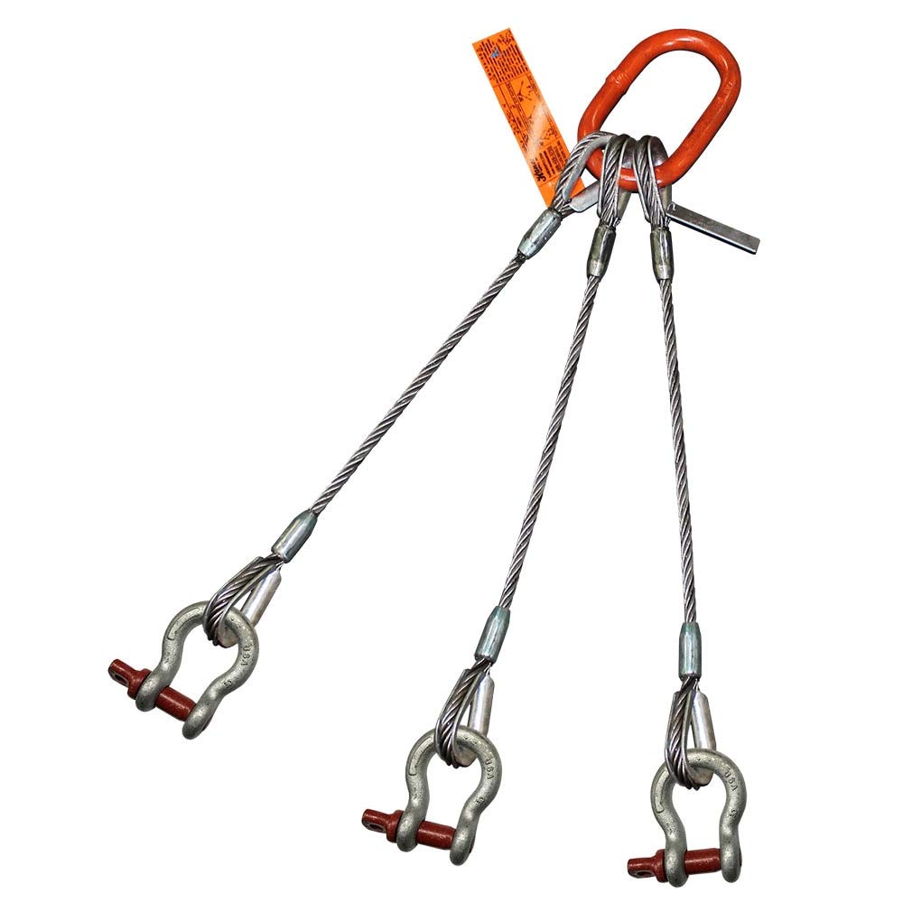 HSI 1/2" x 5' Three Leg Wire Rope Sling | 6.6 Ton Vertical Rated Capacity | Thimble-to-Screw Pin Anchor Shackle | 1" Oblong Master Link | EIPS 6x25 IWRC
