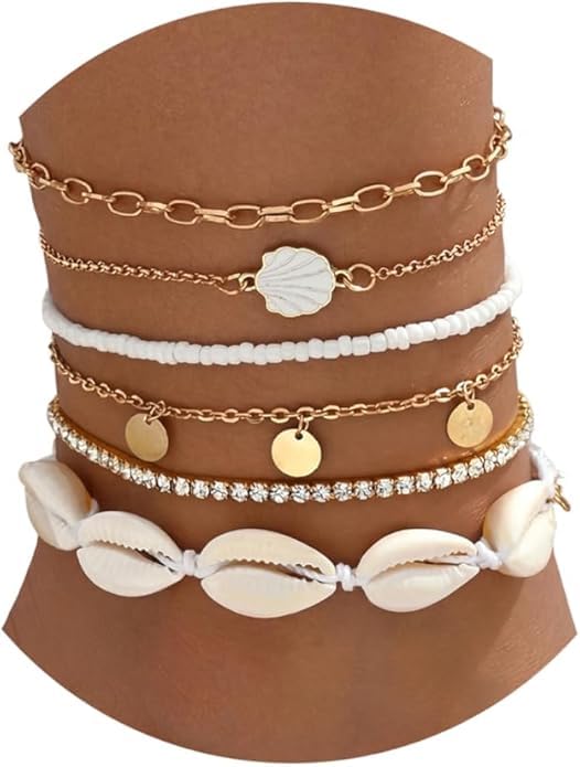 Image of Qceasiy Starfish Ankle Bracelets for Women, Boho Beaded Beach Anklets Set