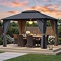 Ahomly 10'x12' Hardtop Gazebo, Aluminum Frame Metal Canopy with Double Roof, Outdoor Gazebo with Breathable Netting & Privacy Curtains, Pavilion for Patios for Backyard Deck Dark Grey