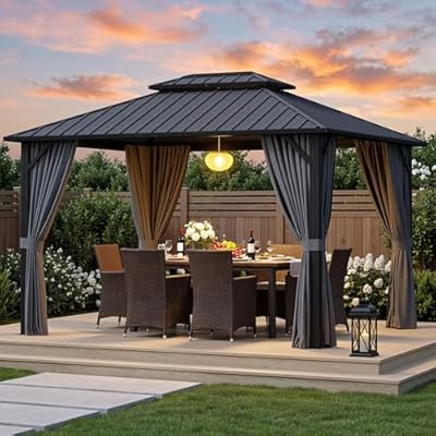 Ahomly 10'x12' Hardtop Gazebo, Aluminum Frame Metal Canopy with Double Roof, Outdoor Gazebo with Breathable Netting & Privacy Curtains, Pavilion for Patios for Backyard Deck Dark Grey