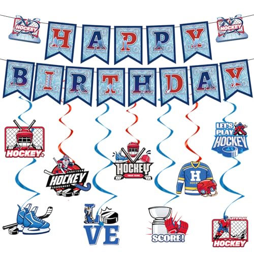 Image of Hockey Birthday Party Decorations - 11PCS Hockey Birthday Decorations Banner Hanging Swirls Game Day Game Time Sport Themed Party Decor Supplies for Kids Fans Boys