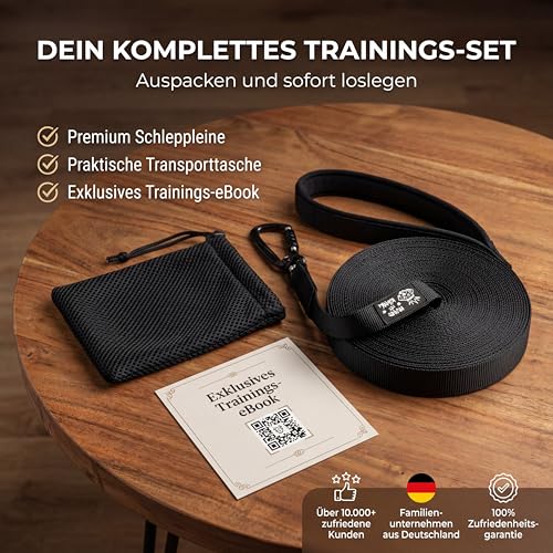 HUND IST KÖNIG Schleppleine 15m für Hunde 12-70kg - Lange robuste Hundeleine mit Griffpolster & Sicherheitskarabiner - Trainingsleine + eBook, Hundeleine lang 5m, 10m, 15m, 20m