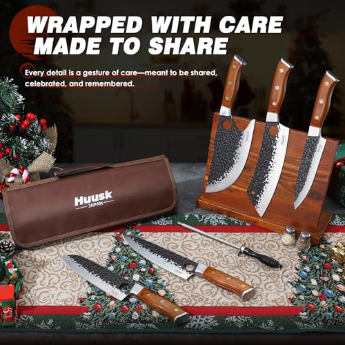 Image of Huusk Butcher Knives for Meat, Hand Forged Carbon Steel Viking Kitchen Knife Set with Roll Bag, Meat Cleaver Chef Knife Sets for Cooking Camping BBQ, Gift for Men Husband