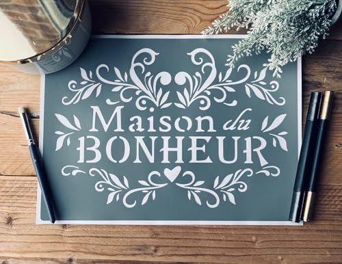 Pochoir adhésif maison bonheur vintage 30x20 cm – pochoir mural réutilisable campagne shabby chic – stencil meuble bois mur tissu DIY décoration...