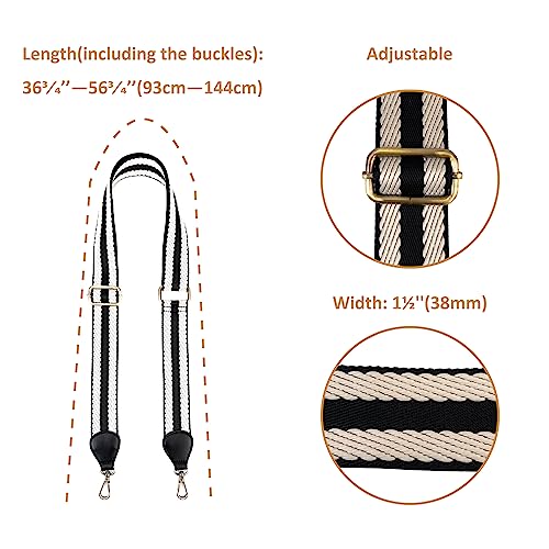 Purse Straps Replacement Crossbody with Brass Hardware 1-1/2 Inch Black Offwhite Adjustable Shoulder Guitar Strap for Handbag3