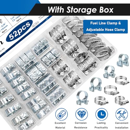Image of 52Pcs Fuel Line Clamp Assortment Kit, 8-18mm Fuel Injection Gas Line Hose Clamps & Adjustable 1 /4Inch - 1-1 /8Inch(6-29mm) 304 Stainless Steel Hose Clamp for Automotive, Fuel Line(10 Sizes)