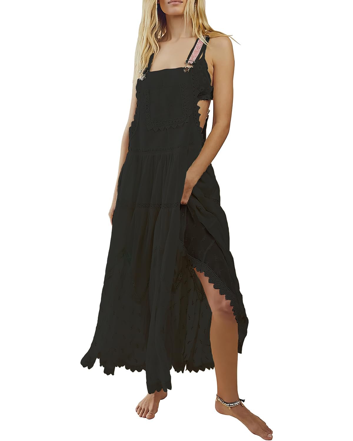 ebossy Women's Laced Embroidered Tulle Bib Dress Casual Loose Adjustable Straps Maxi Dress