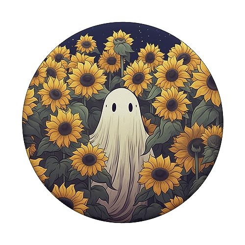 Vintage Ghost Sunflower Pattern Cute Halloween Floral Garden PopSockets Swappable PopGrip, Black - Image 3