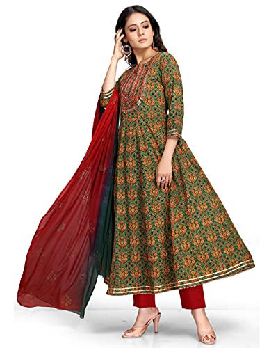 Rajnandini Women's Pure Cotton Embroidered A-Line Anarkali Kurta Set with Dupatta (Ready to Wear; Green and Red;-P)3