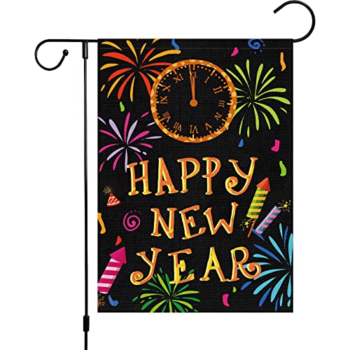 Heyfibro Happy New Year Garden Flag Cheers Celebrate New Year Count Down Yard Flags 12x18 Inch Double Sided Burlap Firework Celebration Banner for Winter Holiday Party Yard Outdoor Decoration(ONLY