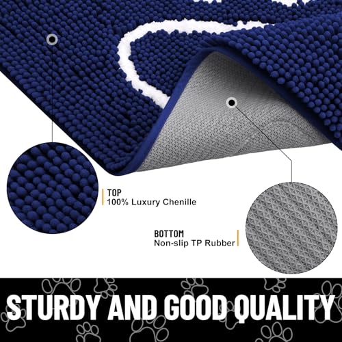 Image of Smiry Dog Door Mat for Muddy Paws, Absorbent Dirt Trapper Non Slip Quick Dry Washable Chenille Mat for Mud Dogs, Entry Rug for Indoor and Outdoor (30x20 Inches, Navy Blue and White)