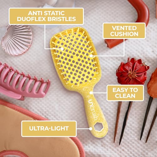 Image of FHI Heat UNbrush Detangling Brush for Pain-Free Brushing on All Wet or Dry Hair Types - Durable DuoFlex Anti-Static Bristles, Lightweight Handle, Vented Hair Brush, Amber Yellow