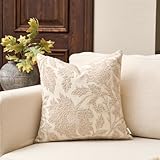 Yangest Chenille Floral Pillow Cover 18 x18 Inches, Neutral Jacquard Square Throw Pillow Cover Soft Decorative Nature Accent Couch Pillow Cover for Living Room Bedroom, Beige