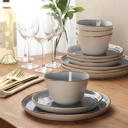 Image of Gibson Elite Algeria River Plates and Bowls Sets, 12-Piece Stoneware Dinnerware Sets, Reactive Glaze Dish Set - Blue