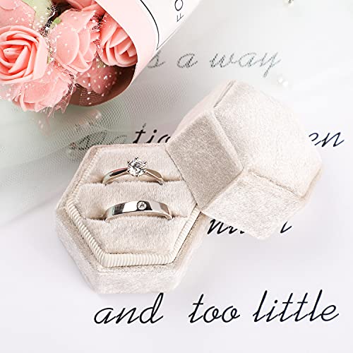 Etercycle Velvet Jewelry Ring Box, Hexagon Premium Gorgeous Vintage Double Ring Gift Box with Detachable Lid for Proposal Engagement Wedding Ceremony(Beige)4
