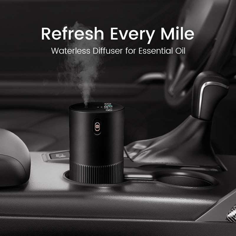 Waterless Diffuser for Essential Oil, Car Diffsuer, Aluminum Alloy & Fabric, 0.33 Fl Oz/ 10mL, Waterless Diffusers, Scent Diffuser with Timer & 4 Mist Levels for Home, Room, Car, Office - Black